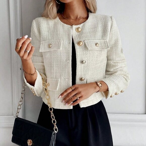 Apricot Elegant Women's Solid Color Tweed Jacket - Picture 3 of 4